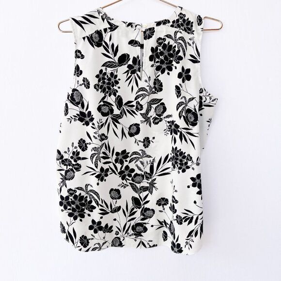 Ann Taylor Back White Floral Print Keyhole Sleeveless Top Petite Large - Picture 1 of 7